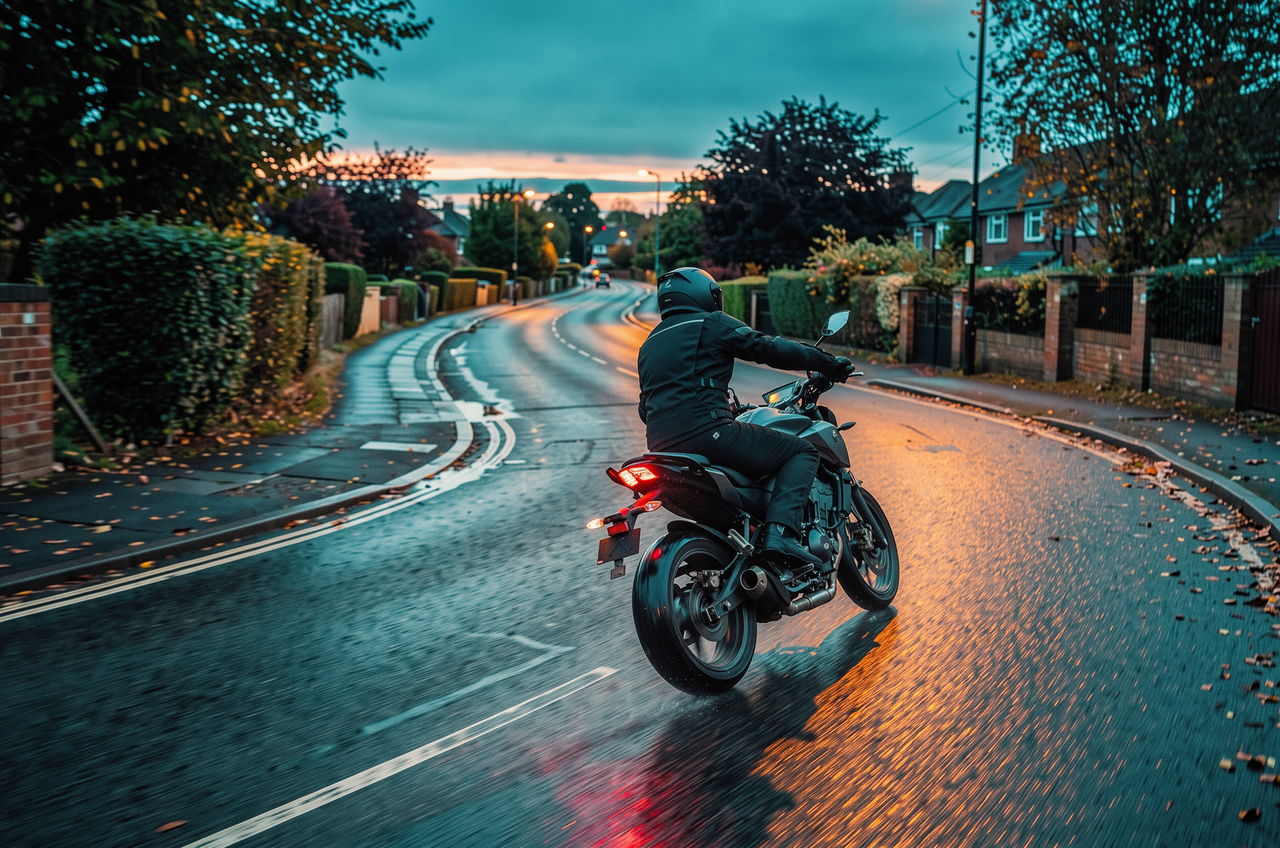Rider on a middleweight motorcycle on a suburban road at dusk