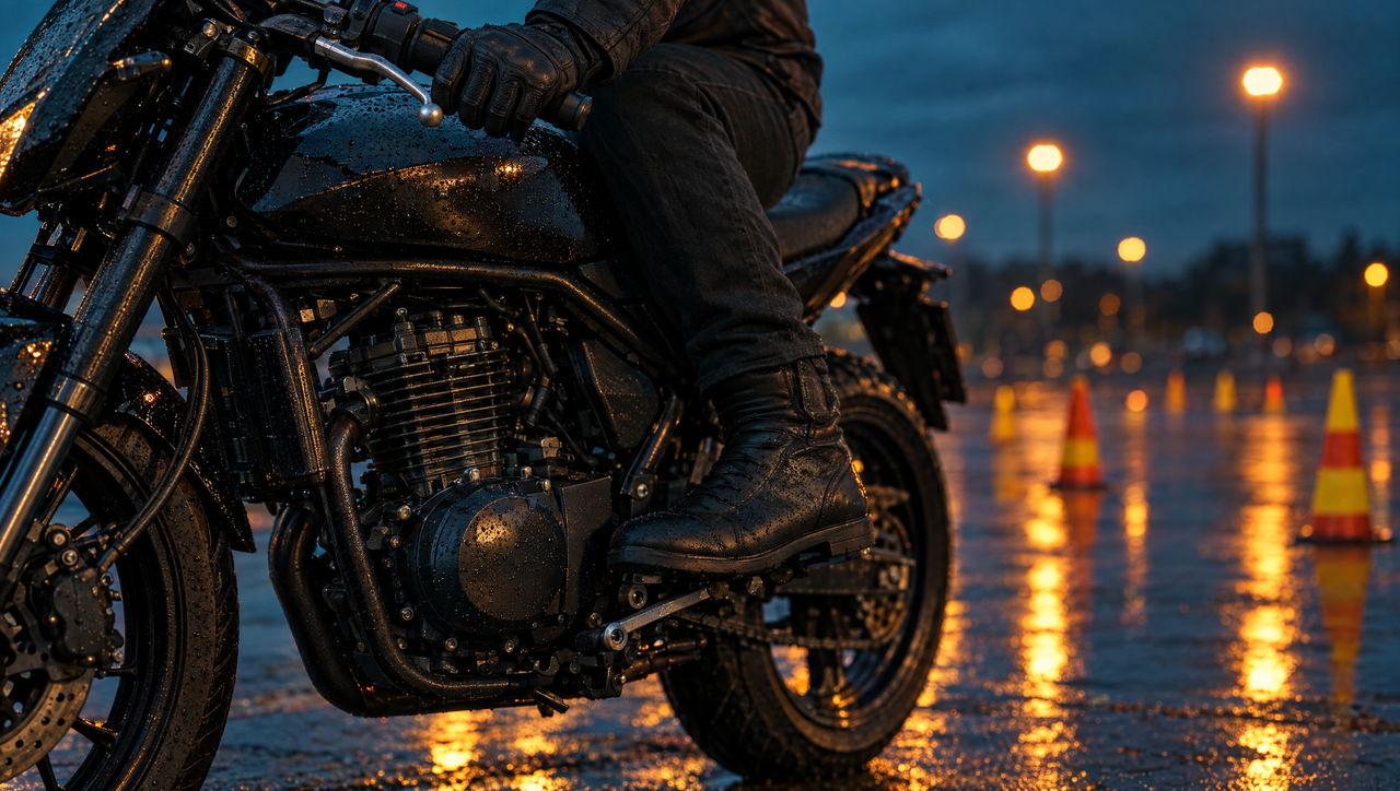 Close-up of a rider’s boot and gloved hand on a manual motorcycle
