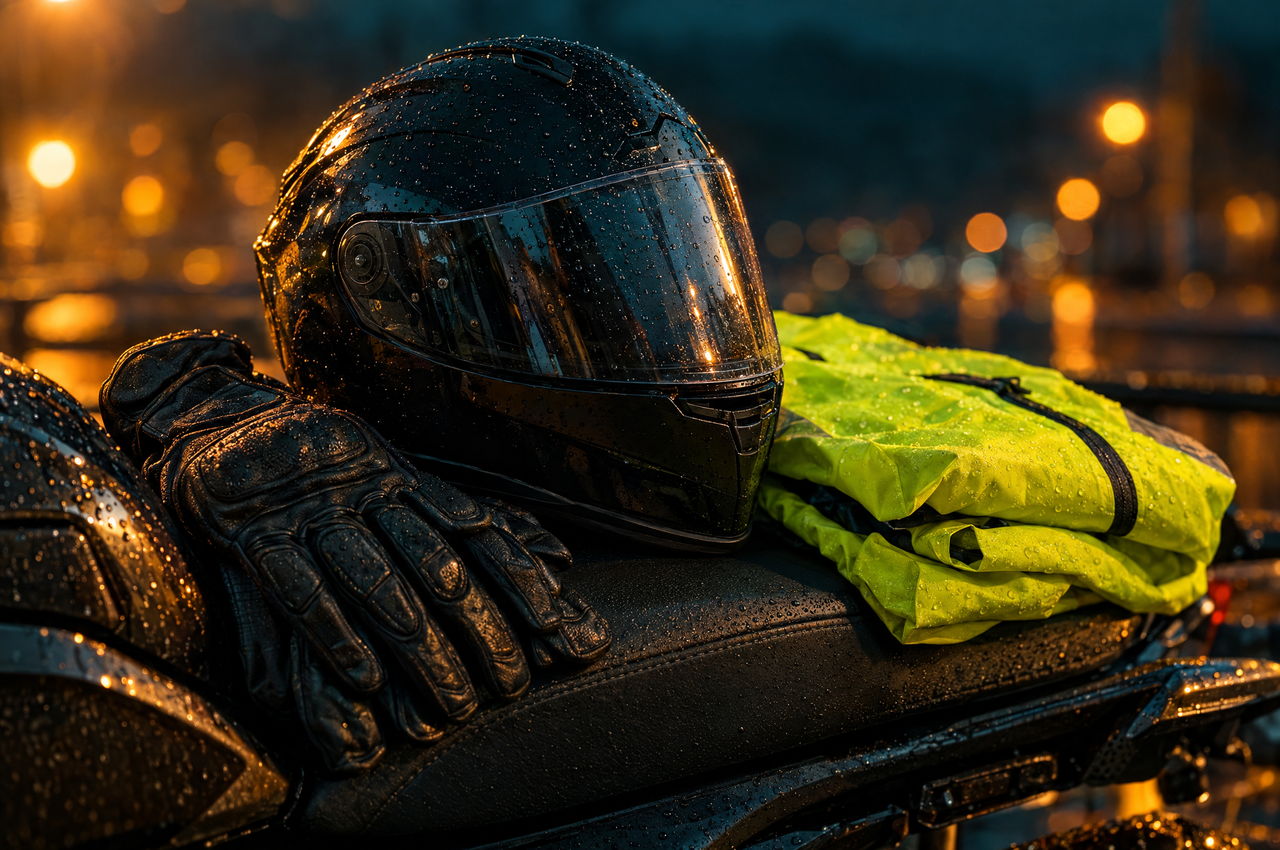 Helmet, gloves and a hi-vis jacket resting on a motorcycle seat