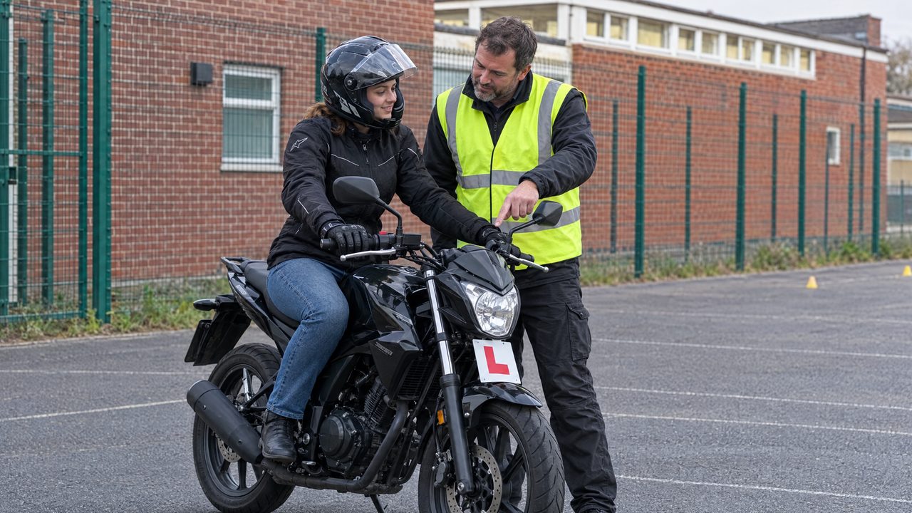 Instructor in a hi-vis vest explaining the controls to a learner on a motorcycle with an L-plate