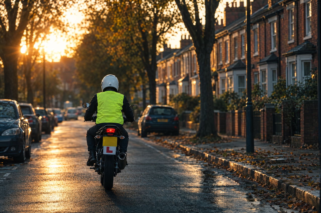 Learner rider with an L-plate on a tree-lined residential street at golden hour