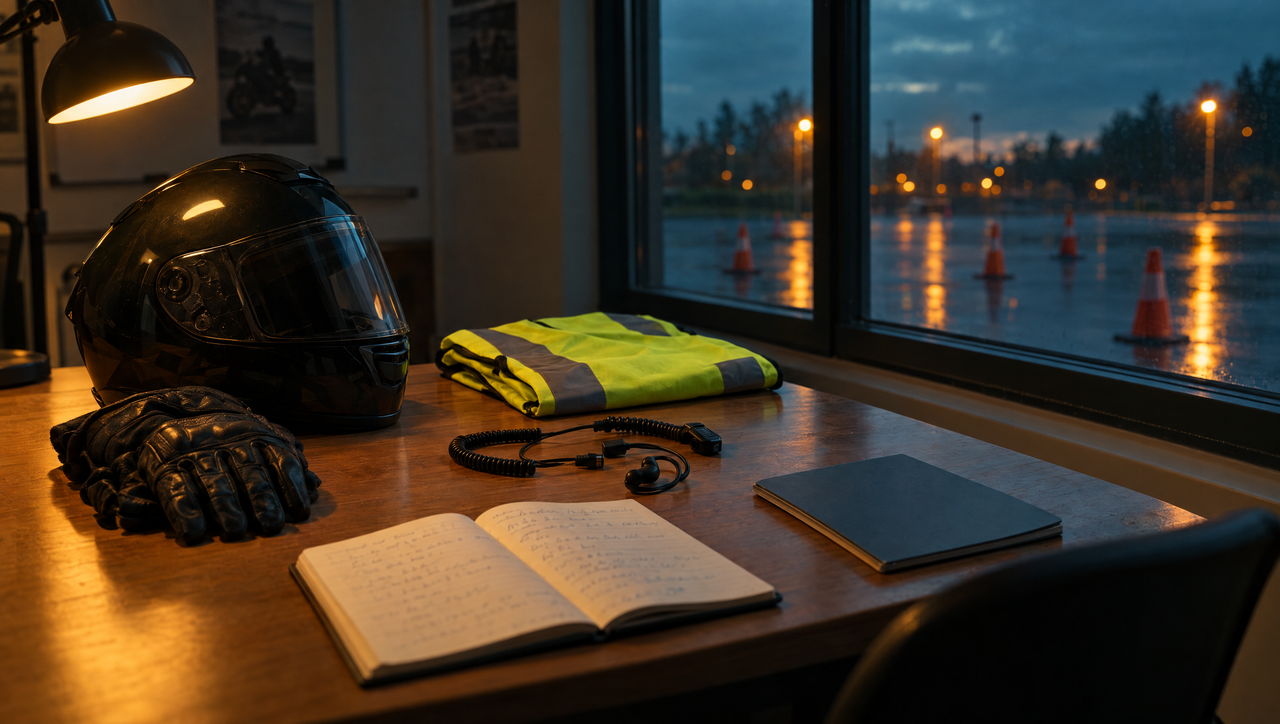 Training room table with helmet, gloves, hi-vis vest and a radio earpiece